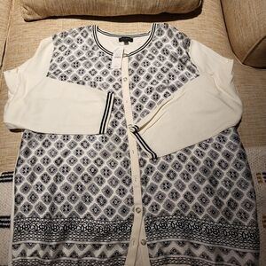 Talbots Black and Cream Printed Button-Up Cardigan